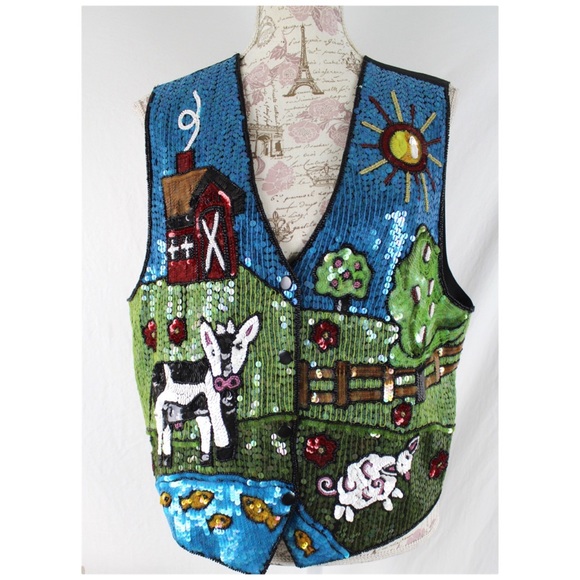 Artsy Vest Farm Scene Sequins by Quacker Factory L - Picture 2 of 8